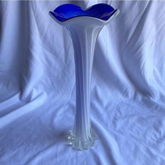 Other - Vintage Cobalt Blue & White Cased Glass Ribbed Vase - 11" Tall